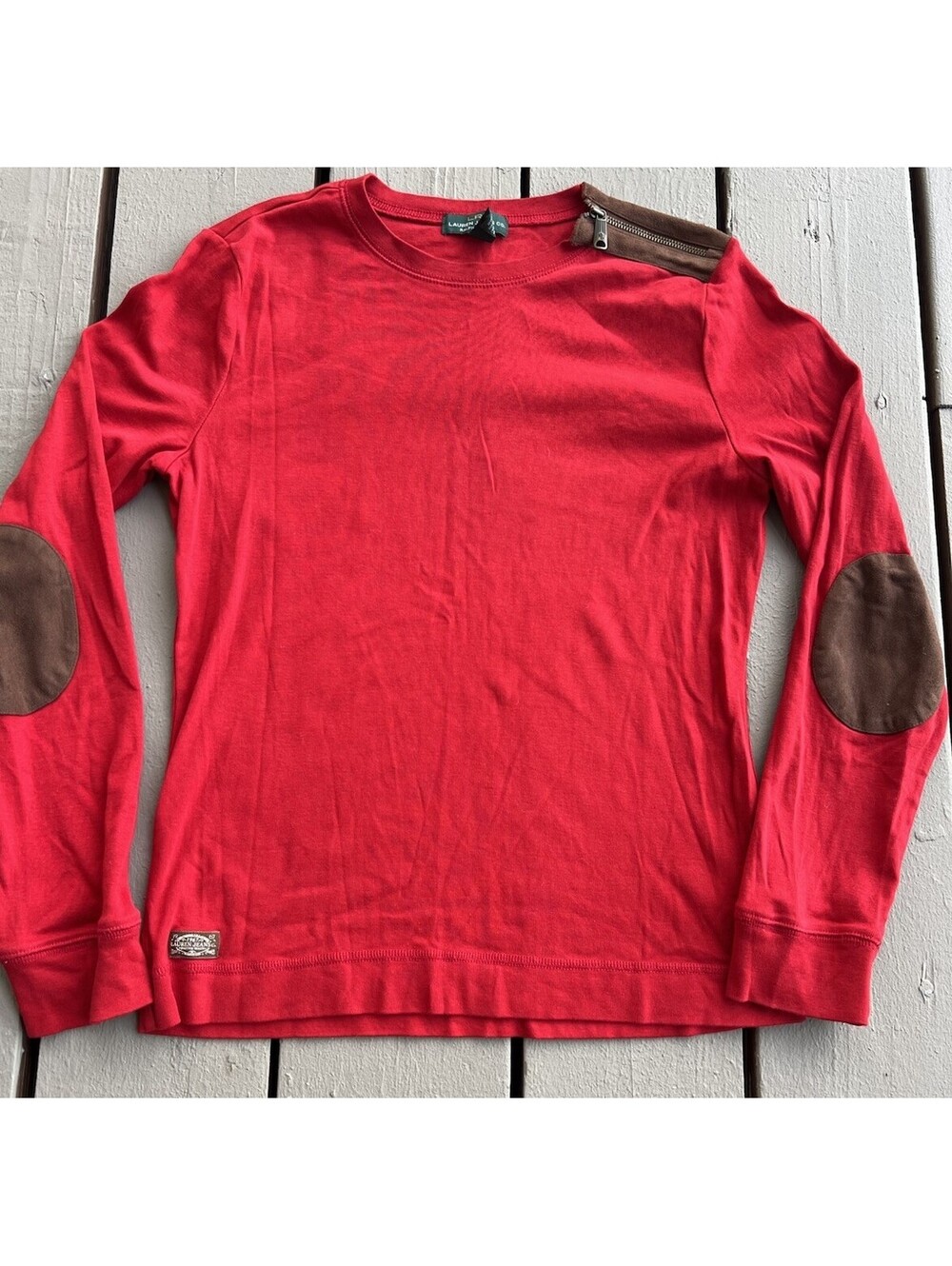 Lauren Ralph Lauren Womens L Red Long Sleeve T-Shirt Faux Suede Elbow Patches